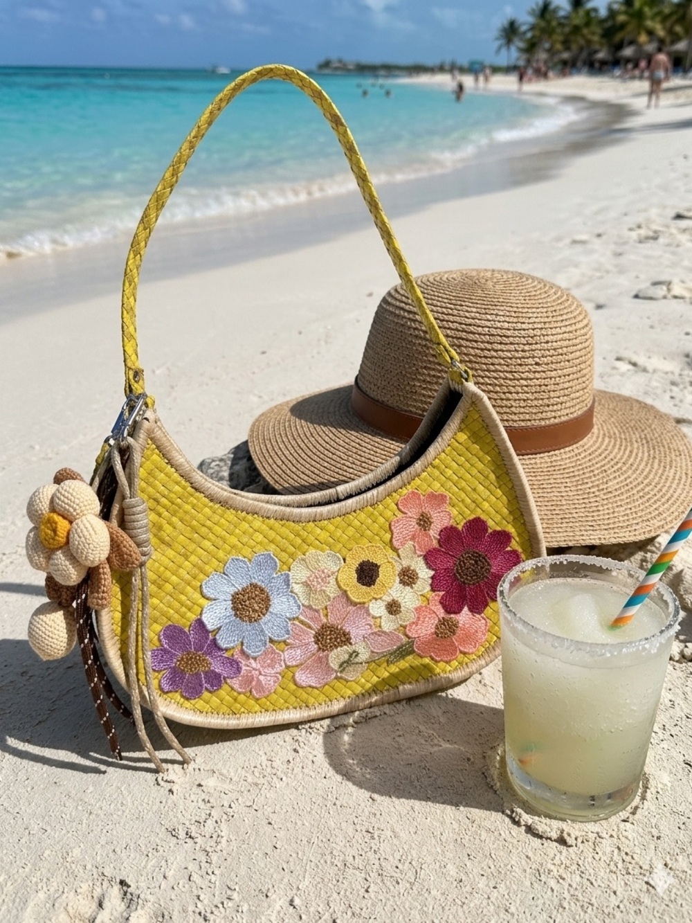 Yellow Floral Embroidered Hand Woven Abaca Shoulder Bag